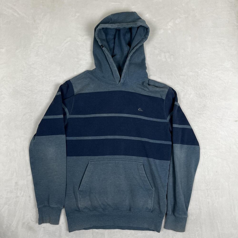 Vintage Quiksilver Hoodie Mens Small Blue Striped Fleece Pullover Sweatshirt Y2K